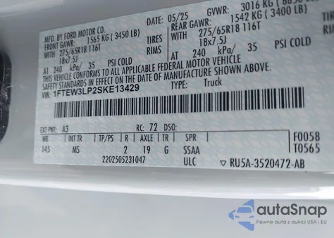 2025 Ford F-150 Xlt из США, поврежденный, VIN 1FTEW3LP2SKE13429